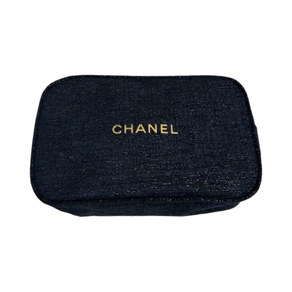 Chanel Holiday Limited Edition Soft Cosmetic Pouch Navy Tweed with Gold Accents